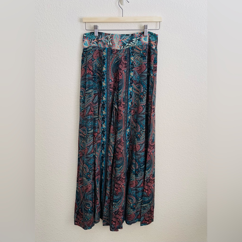 Anthropologie Raga Teal Rust Paisley Waistband Embroidered Wide Leg Pants L